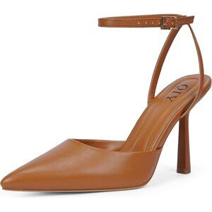 👑Women Brown Pu Lace Close Toe Ankle Strap Heel Pointed Toe Wedding Shoes